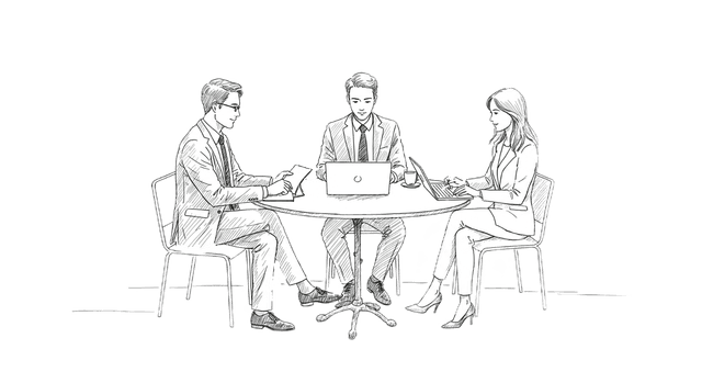 Кафе, столик, за которым сидят 3 человека (2 мужчины, 1 женщина). На столе — бумаги, ноутбук, кофе, активное обсуждение.