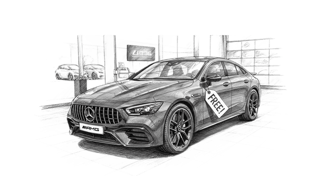 Современный автосалон. На переднем плане — чёрный Mercedes BENZ AMG с табличкой “Technology Inside”